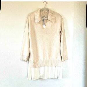 English Factory Cream V-Neck Sweater with Pleated Hem